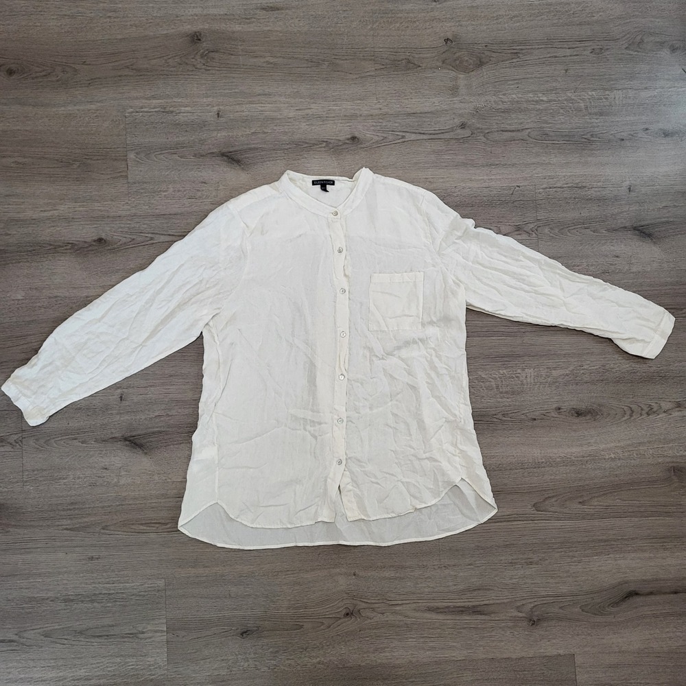 Eileen Fisher Silk Cotton Blend Mandarin Collar Button Down Shirt Beach White XL